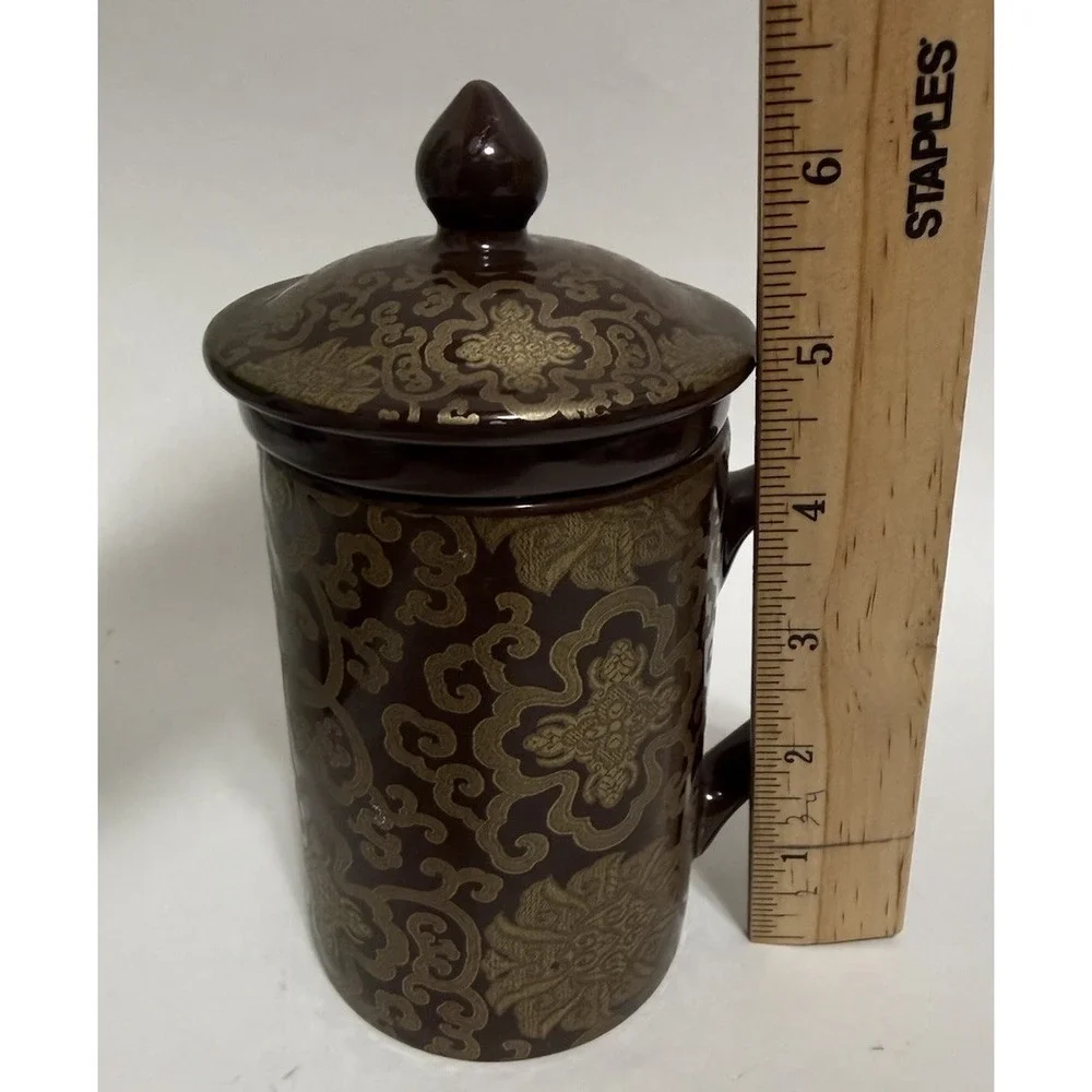 Pottery Barn Chinoise Mugs Coffee Or Tea Cup With Tea Diffuser Brown